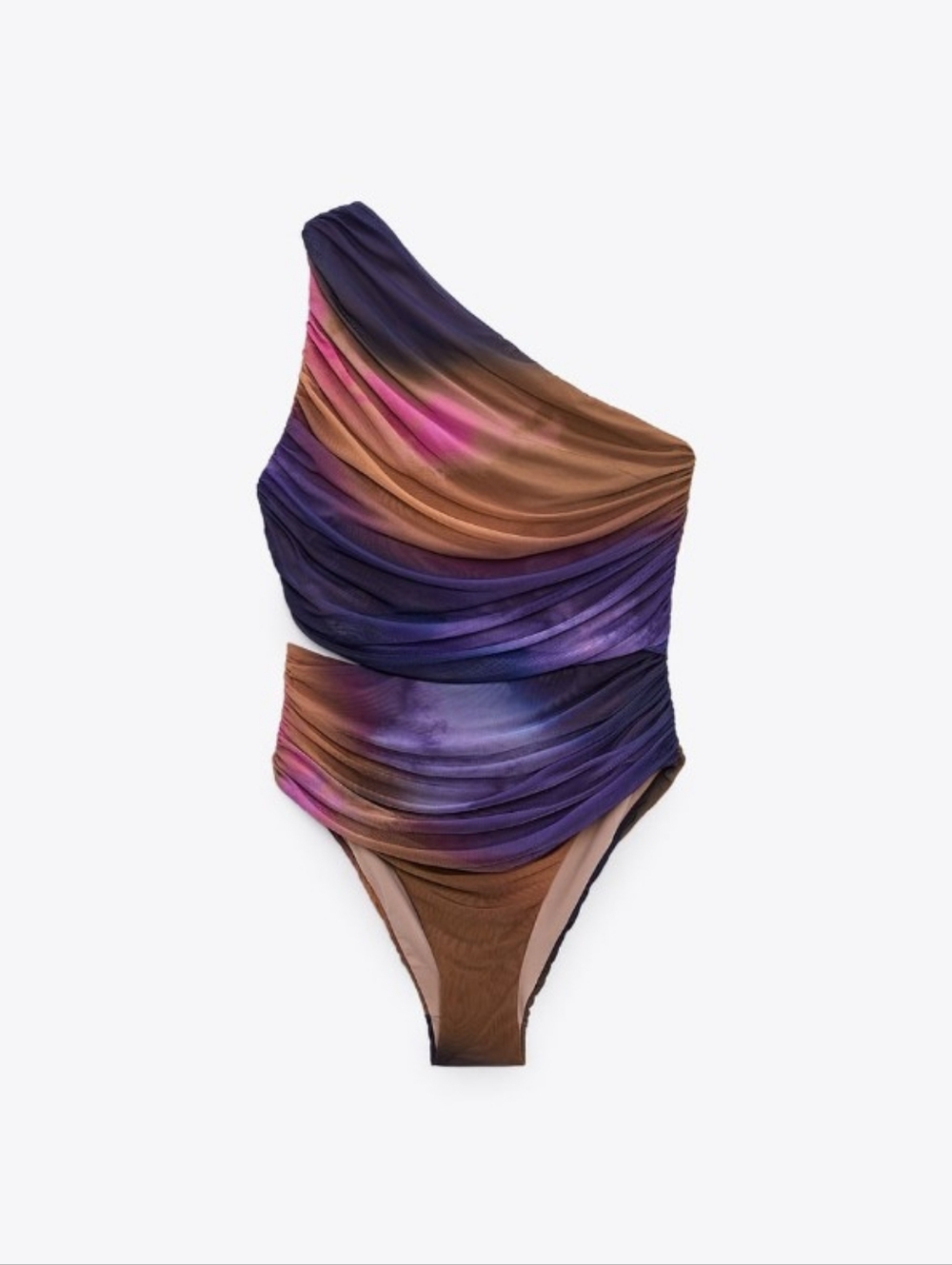 Zara Printed Tulle Swimsuit Asymmetric Neckline Ruched Fabric Size S NWT - Picture 3 of 8